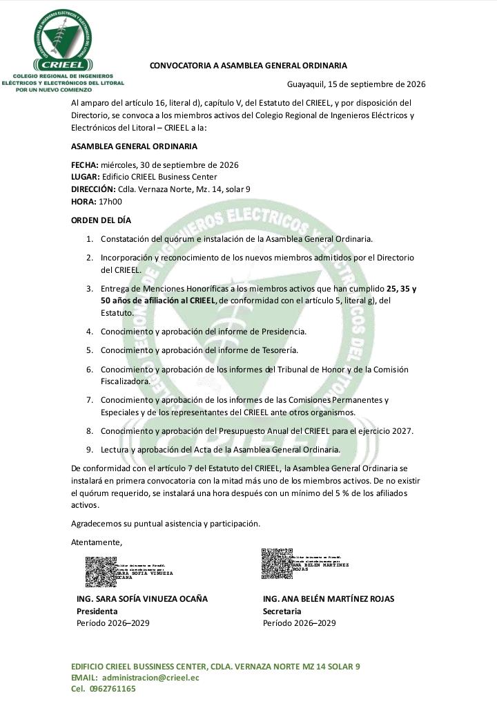 Convocatoria CRIEEL a Asamblea General Ordinaria del 30 de septiembre de 2026